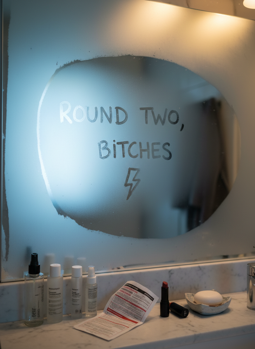A close-up of a bathroom mirror fogged around the edges, with a bold, messy message traced in the condensation: a short, darkly funny phrase about “round two” accompanied by a rough little lightning-bolt doodle. On the counter below, a line of skincare bottles and a single, intrusive chemotherapy drug information leaflet lie beside a black lipstick and chipped ceramic soap dish. Cool, bluish morning light from an unseen window reflects off the mirror, while the bathroom’s overhead light adds a harsh, yellow contrast. Shot in photographic realism from a slightly low angle, focusing sharply on the words in the glass, with the background sinking into blur. The atmosphere is defiant, sardonic, and intimately vulnerable.