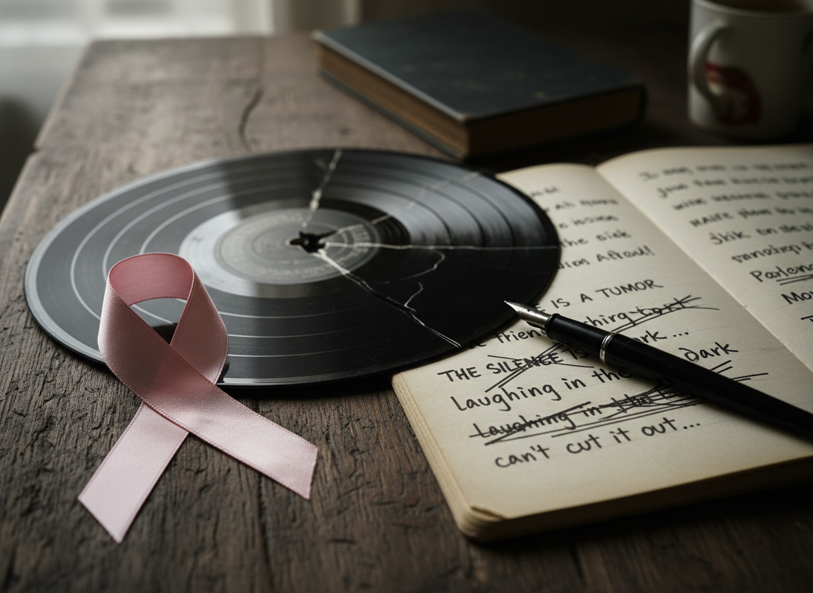 A pair of well-worn over-ear headphones rest on a wooden table beside a phone screen displaying a Chumbawamba playlist, with a few scribbled notes and a lukewarm mug of tea in the background, capturing a quietly defiant, slightly exhausted mood.