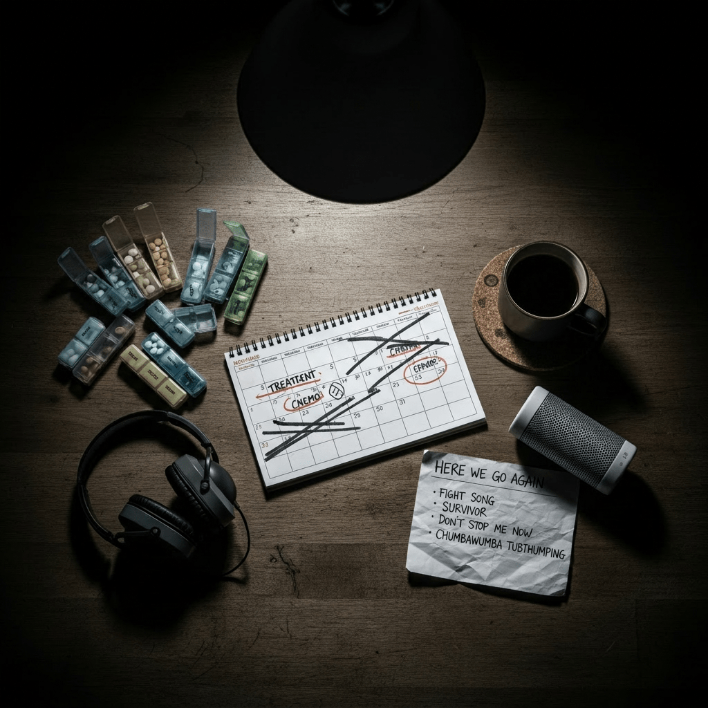 A fogged bathroom mirror with the words “Round Two, Bitches” written in bold, messy lipstick. A few prescription pill bottles and a crumpled hospital appointment letter sit on the sink below, reflected faintly in the glass. The lighting is harsh and fluorescent, casting gritty shadows that make the scene feel raw, defiant, and darkly funny at the same time.